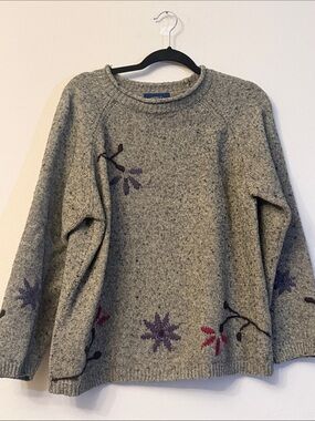 Charter Club Heather Gray Crewneck Sweater with Purple and Red Floral Details325